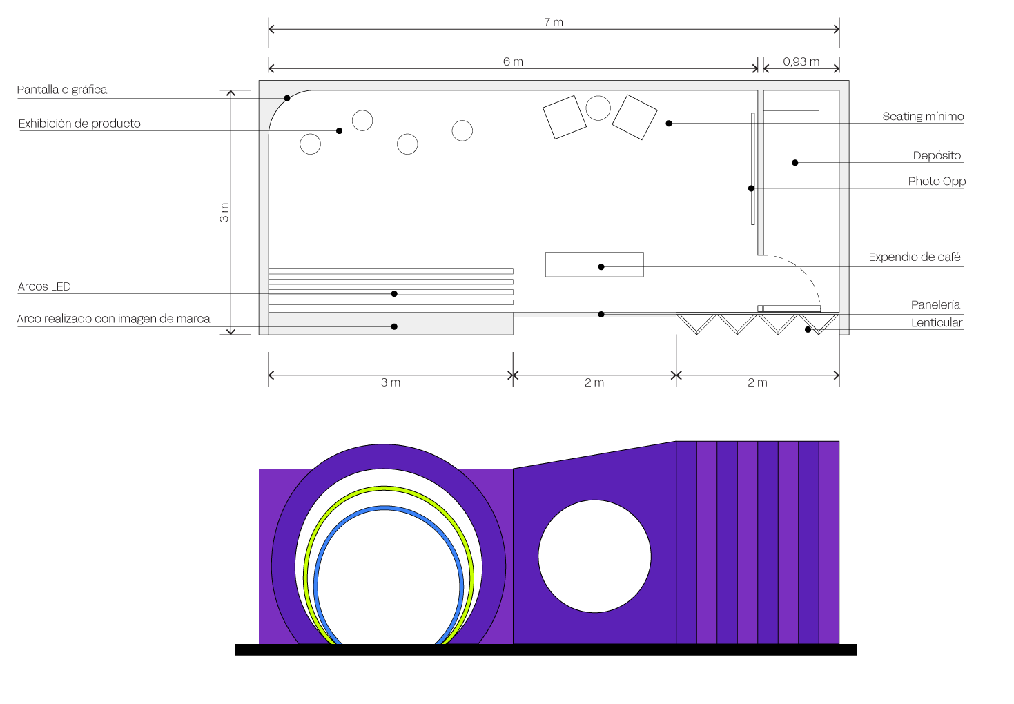 Plano en planta y vista frontal del stand Vabysmo - 7m x 3m